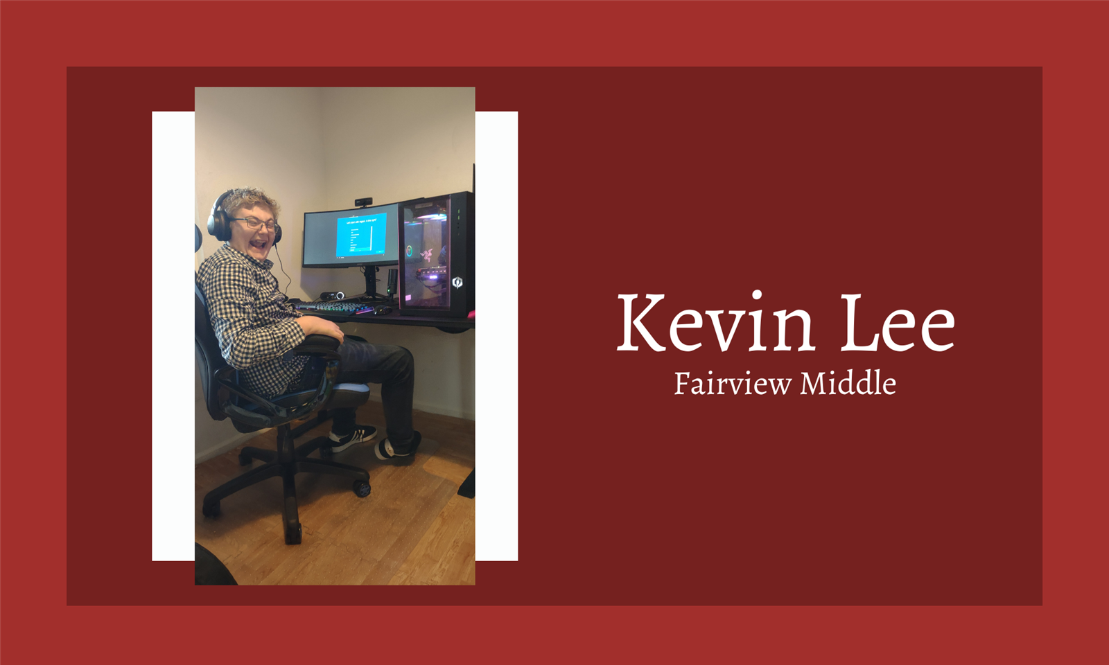 A boy sits in a gaming chair and smiles